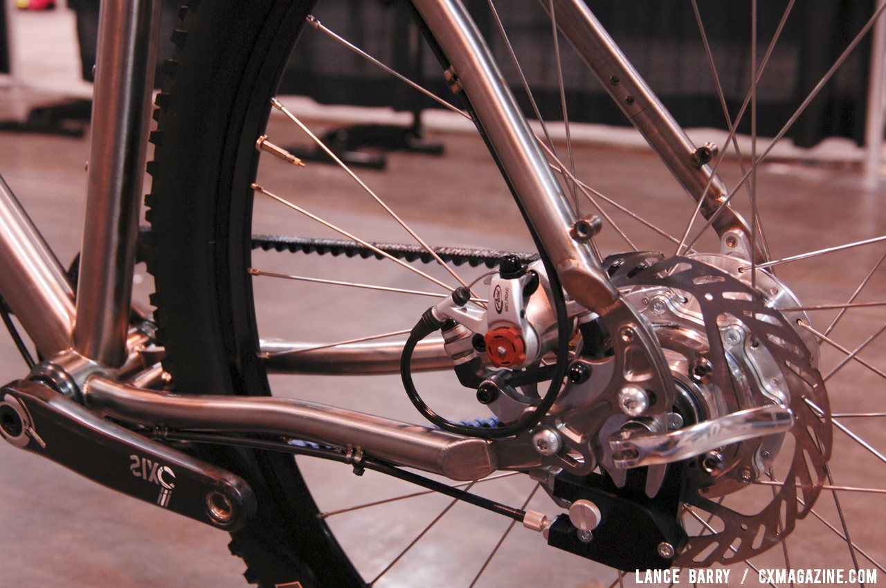 Avid BB7 mechnical disc brakes attached to sliding dropouts allow for belt tensioning on the Twenty2 Cycles\' titanium 650b belt drive, internally geared monster cross bike. © Lance Barry / Cyclocross Magazine