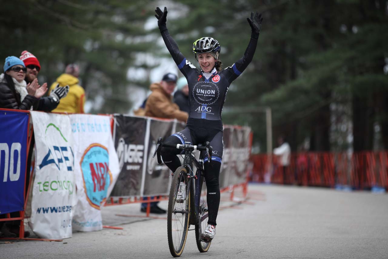 Arley Kemmerer, thrilled with the win today. Emma White claimed second to take the Shimano NEPCX Series win in the U23 category, and Laura Van Gilder finished third to win the overall Elite Women\'s Shimano NEPCX Series. © Meg McMahon
