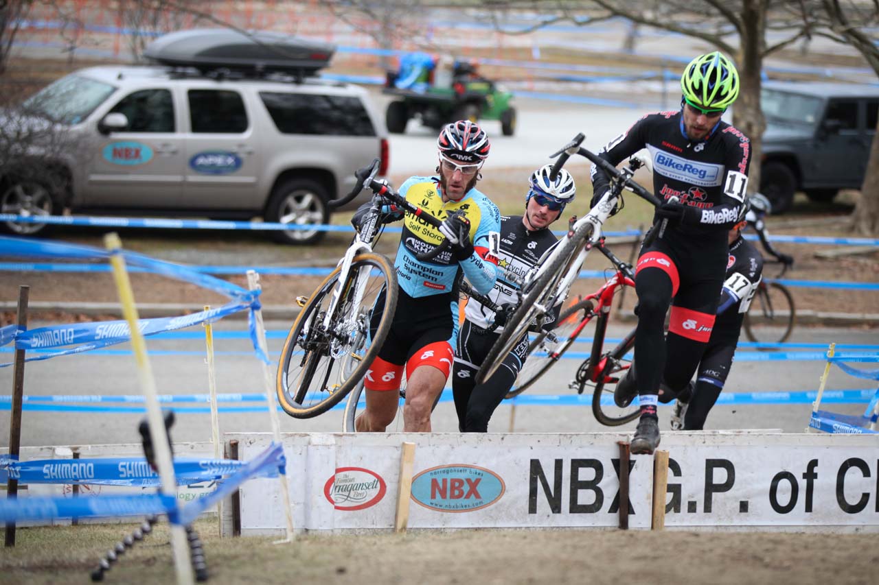 Jerome Townsend leads Adam Myerson and Luke Keough through the barriers. © Meg McMahon