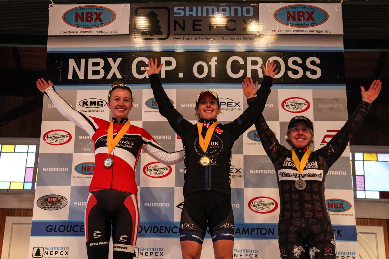 The Elite Women\'s podium (L-R): Emma White (Cyclocrossworld.com), 2nd; Arley Kemmerer (C3 Twenty20), 1st; Laura Van Gilder (Van Dessel p/b Mellow Mushroom), 3rd. © Meg McMahon