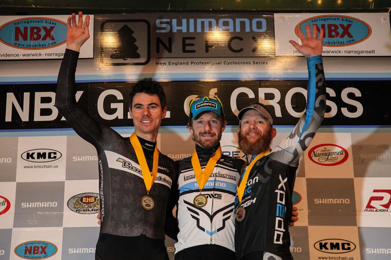 The Elite Men\'s podium (L-R): Mike Garrigan (Van Dessel/Shimano), 2nd; Shawn Milne (Keough Cyclocross), 1st; Robert Marion (American Classic Pro CX Team), 3rd. © Meg McMahon