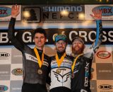 The Elite Men's podium (L-R): Mike Garrigan (Van Dessel/Shimano), 2nd; Shawn Milne (Keough Cyclocross), 1st; Robert Marion (American Classic Pro CX Team), 3rd. © Meg McMahon