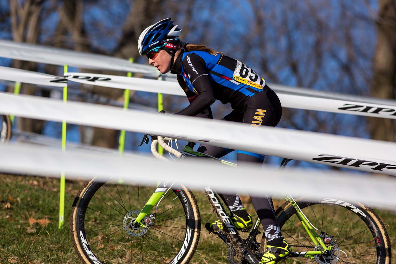 Kaitlin Antonneau, flying her collegiate colors, leads the race. © Kent Baumgardt