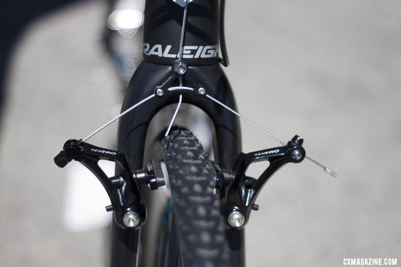 Raleigh has moved to a tapered steerer and Tektro CR710 cantilever brakes on the RXC carbon cyclocross bike. ©Cyclocross Magazine