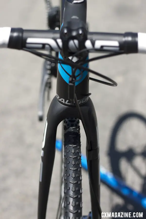 Not your dad\'s Raleigh - a Raleigh carbon cyclocross frame finished with an ENVE Composites handlebar, stem, and fork. ©Cyclocross Magazine