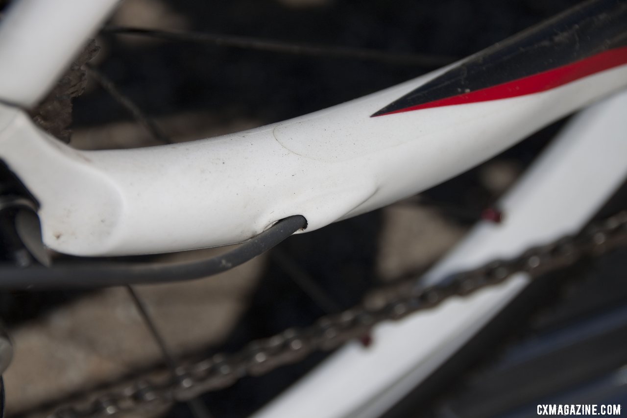 The internal cable routing of the rear derailleur cable on the 2012 Conquest Team. Sea Otter 2012. ©Cyclocross Magazine