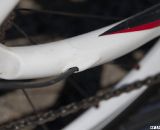 The internal cable routing of the rear derailleur cable on the 2012 Conquest Team. Sea Otter 2012. ©Cyclocross Magazine