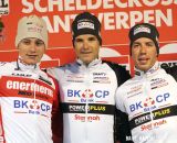 The Elite Men’s podium (L-R):Mathieu Van der Poel (Enertherm-BKCP), 2nd; Niels Albert (BKCP-Powerplus), 1st; Philipp Walsleben (BKCP-Powerplus), 3rd. © Bart Hazen
