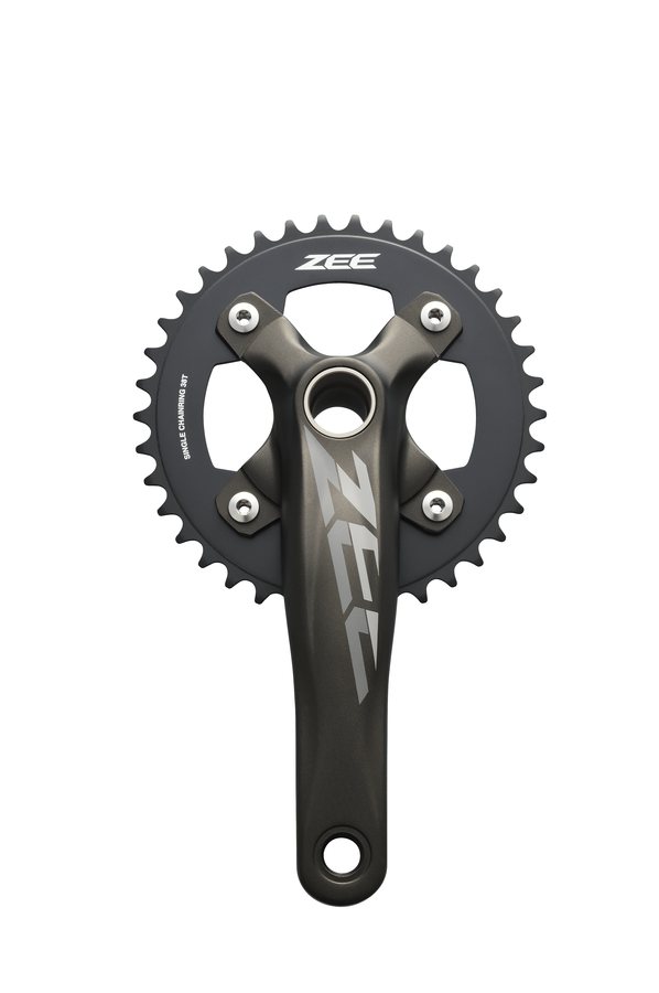Single ring Pressfit-compatible cranksets from Shimano\'s new 2013 Zee Gravity Component Group. ©Shimano