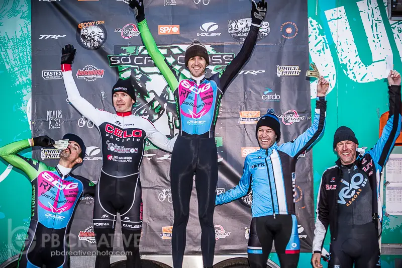 Sunday’s chilly Men’s A podium (left to right): Dave Sheek (putting his mouth where his money is), Brent Prenzlow, Jason Siegle, Gareth Feldstein and John Behrens. © Philip Beckman / PB Creative