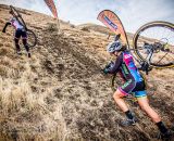 On the first lap of Saturday’s Women’s A race, Nicole Brandt leads Amanda Nauman up one of Hart Park’s notorious climbs. © Philip Beckman / PB Creative