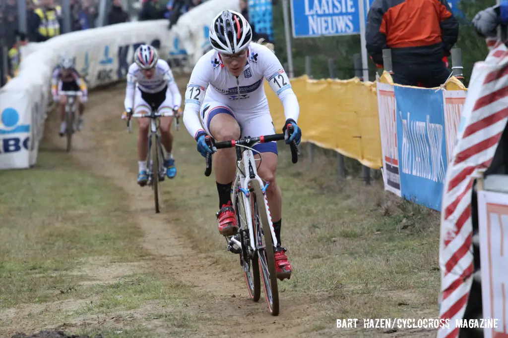 Katie Compton making her move to gap Marianne Vos and Sanne Cant. © Bart Hazen / Cyclocross Magazine