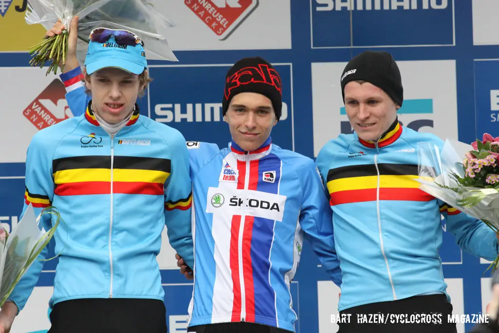 The Junior\'s podium (L-R): Yannick Peeters, 2nd; Adam Toupalik, 1st; Thijs Aerts, 3rd. © Bart Hazen / Cyclocross Magazine