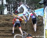 The Junior's race leaders negotiate the run up. © Bart Hazen / Cyclocross Magazine