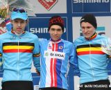 The Junior's podium (L-R): Yannick Peeters, 2nd; Adam Toupalik, 1st; Thijs Aerts, 3rd. © Bart Hazen / Cyclocross Magazine