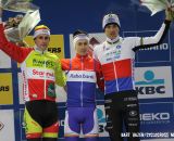 The Elite Men's poduim (L-R): Martin Bina (Kwadro-Stannah), 2nd; Lars van der Haar (Rabobank Development Team), 1st; Zdenek Stybar (Omega Pharma-Quick-Step), 3rd. © Bart Hazen / Cyclocross Magazine