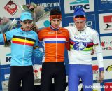 The Men's U23 podium (L-R): Wout van Aert, 2nd; Mathieu van der Poel, 1st; Mike Teunissen, 3rd. © Bart Hazen / Cyclocross Magazine