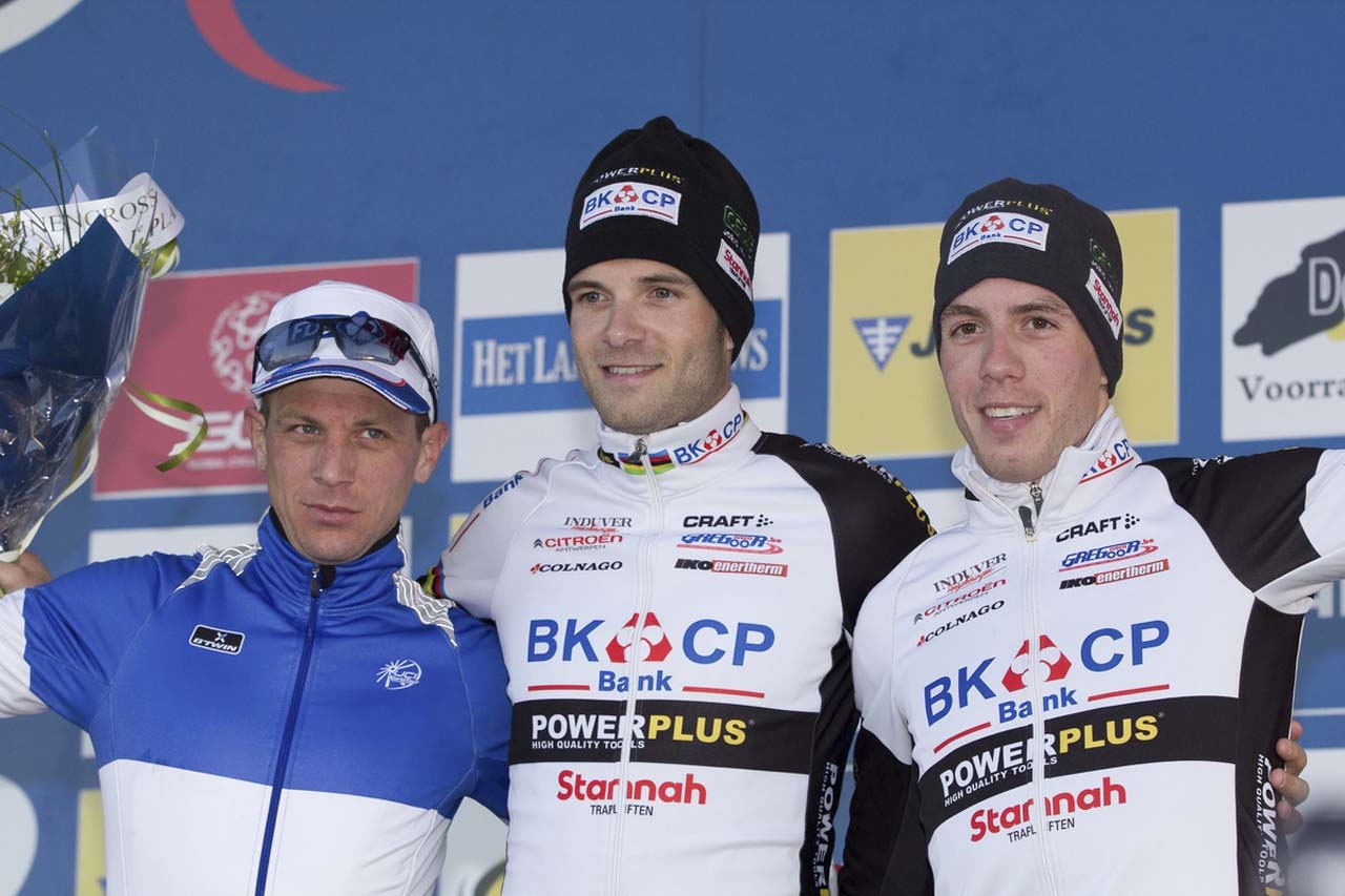 The Elite Men\'s podium (L-R): Francis Mourey (FDJ.fr), 2nd, Niels Albert (BKCP-Powerplus), 1st; Phillipp Walsleben (BKCP-Powerplus), 3rd. © Thomas van Bracht