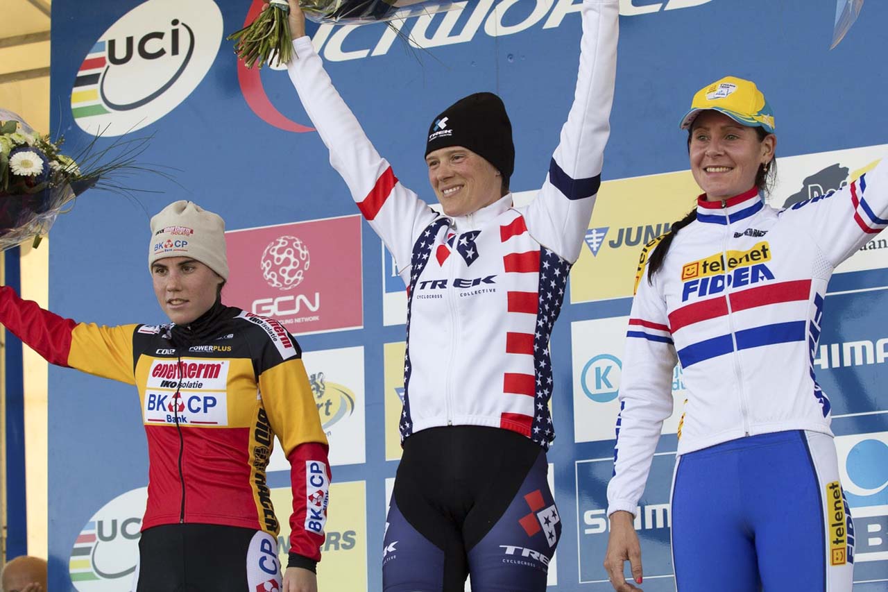 The Elite Women\'s podium (L-R): Sanne Cant (Enertherm-BKCP), 3rd; Katie Compton (Trek Cyclocross Collective), 1st; Nikki Harris (Young Telenet-Fidea), 3rd. © Thomas van Bracht