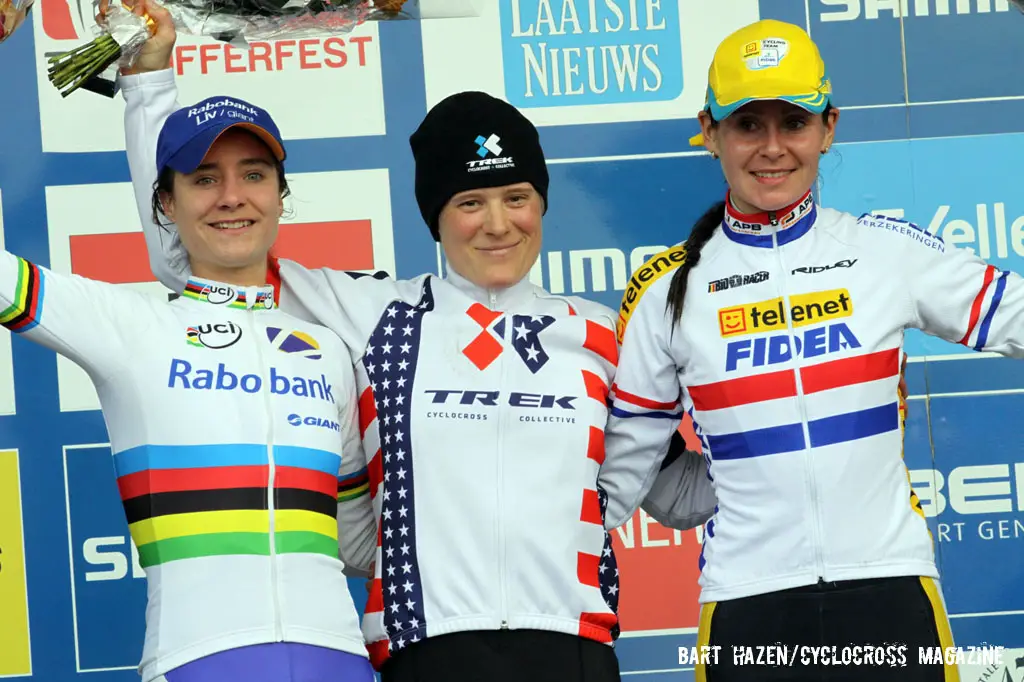 The Elite Women\'s Podium (L-R): Marianne Vos (Rabobank-Giant), 2nd; Katie Compton (Trek Cyclocross Collective), 1st; Nikki Harris (Telenet-Fidea), 3rd. © Bart Hazen / Cyclocross Magazine