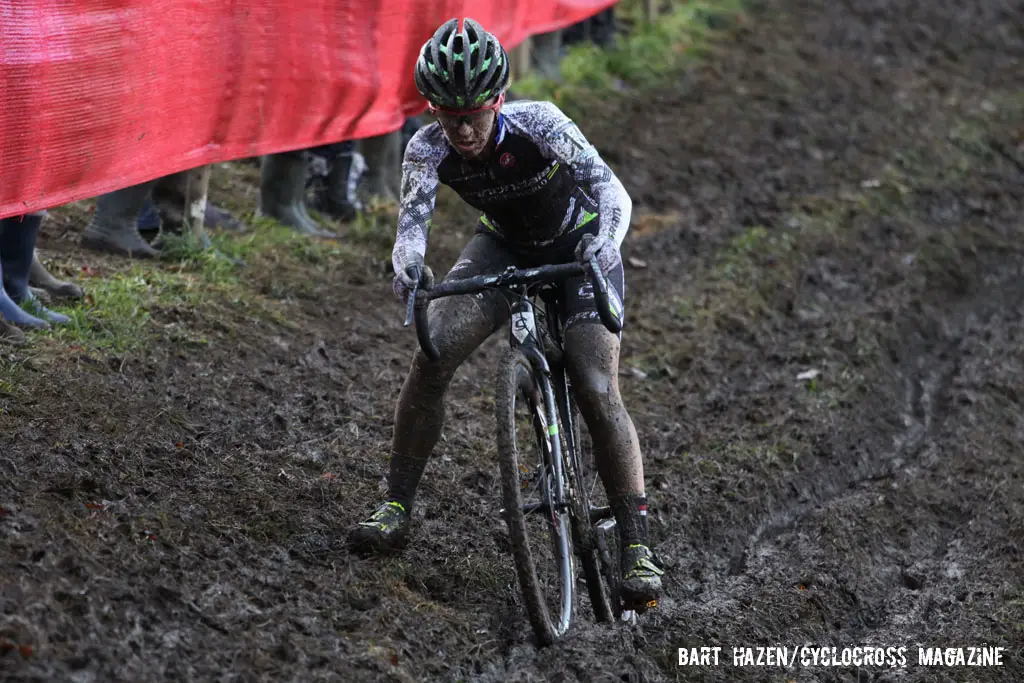 Kaitlin Antonneau negotiating the off-camber mud. © Bart Hazen / Cyclocross Magazine