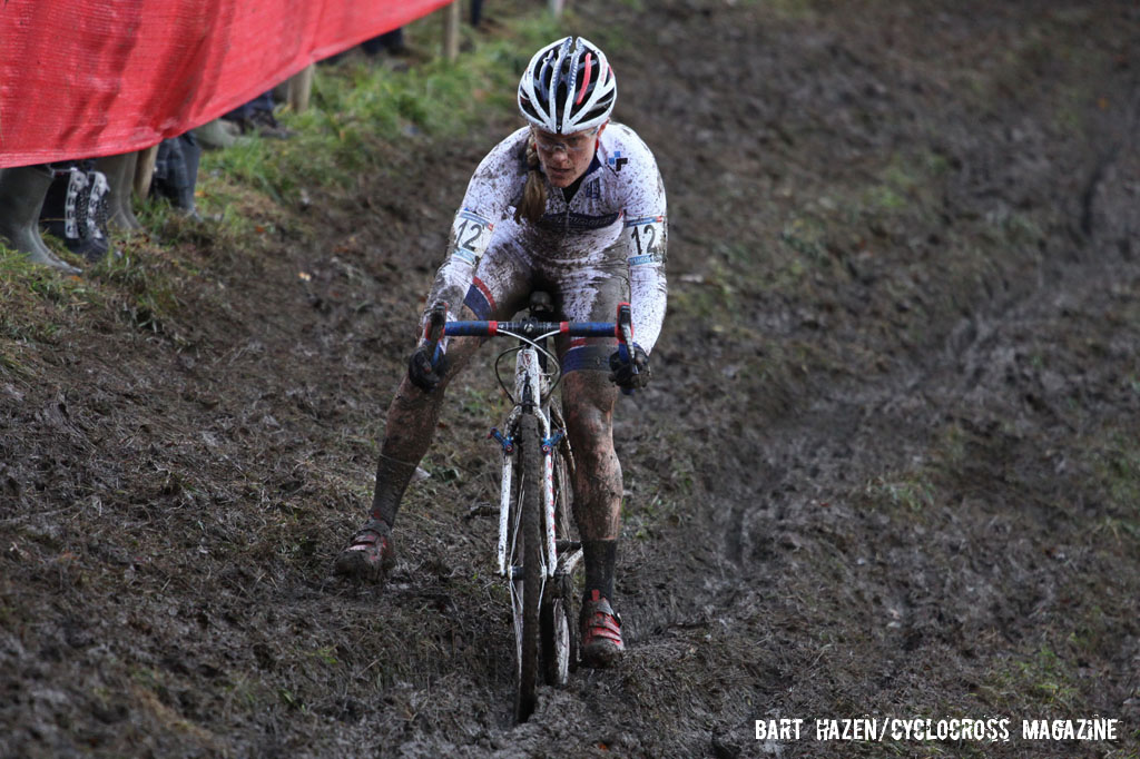 Katie Compton negotiating the off-camber mud. © Bart Hazen / Cyclocross Magazine