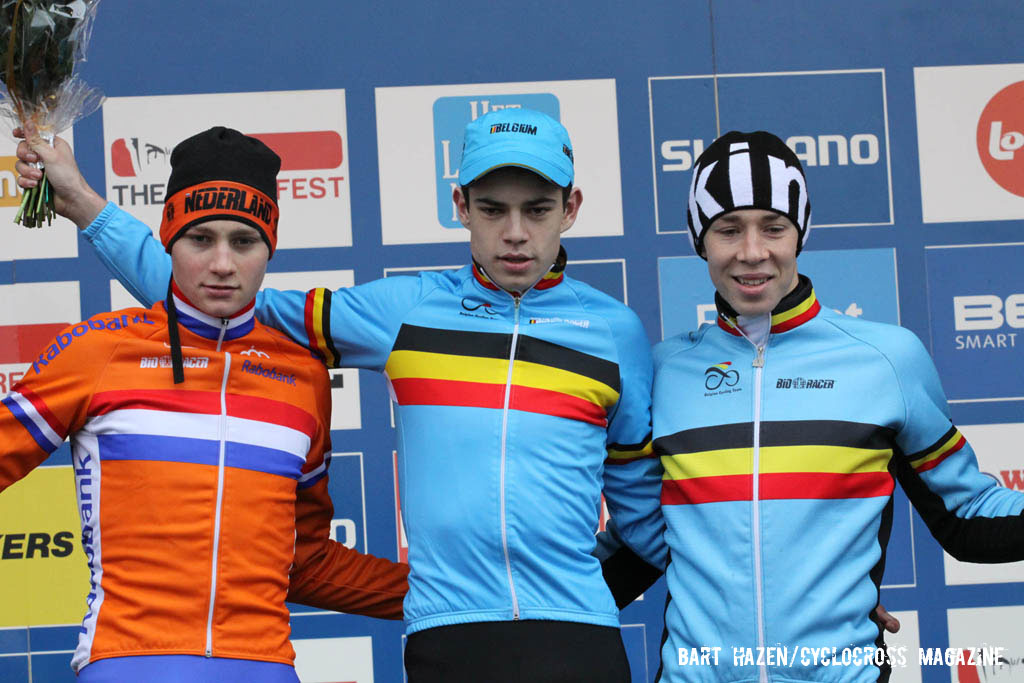 The U23 podium (L-R): Mathieu van der Poel, 2nd; Wout van Aert, 1st; Laurens Sweeck, 3rd. © Bart Hazen / Cyclocross Magazine