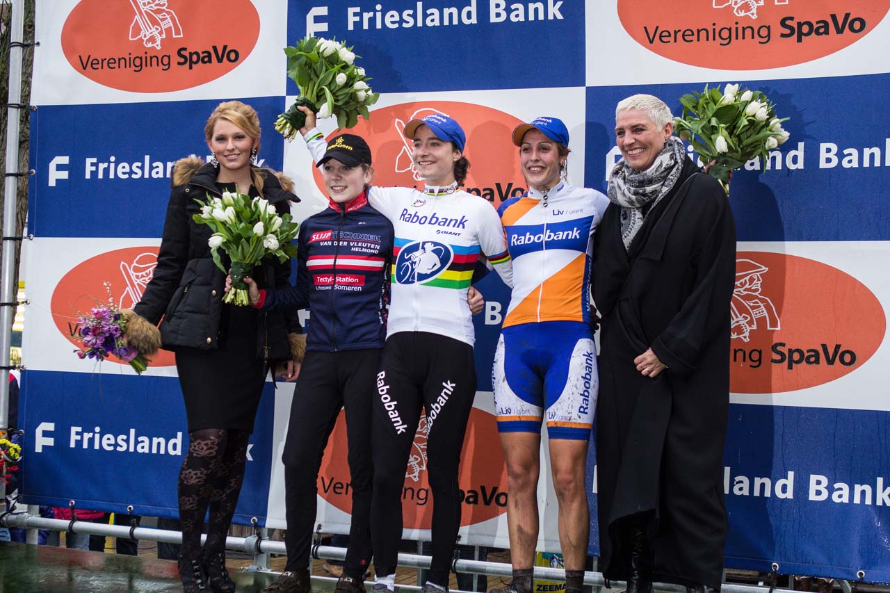 The Elite Women\'s podium (L-R) Yara Kastelijn (RTC Buitenlust), 2nd; Marianne Vos (Rabobank Liv/Giant), 1st; Lucinda Brand (Rabobank Liv/Giant), 3rd. © Thomas van Bracht / Peloton Photos