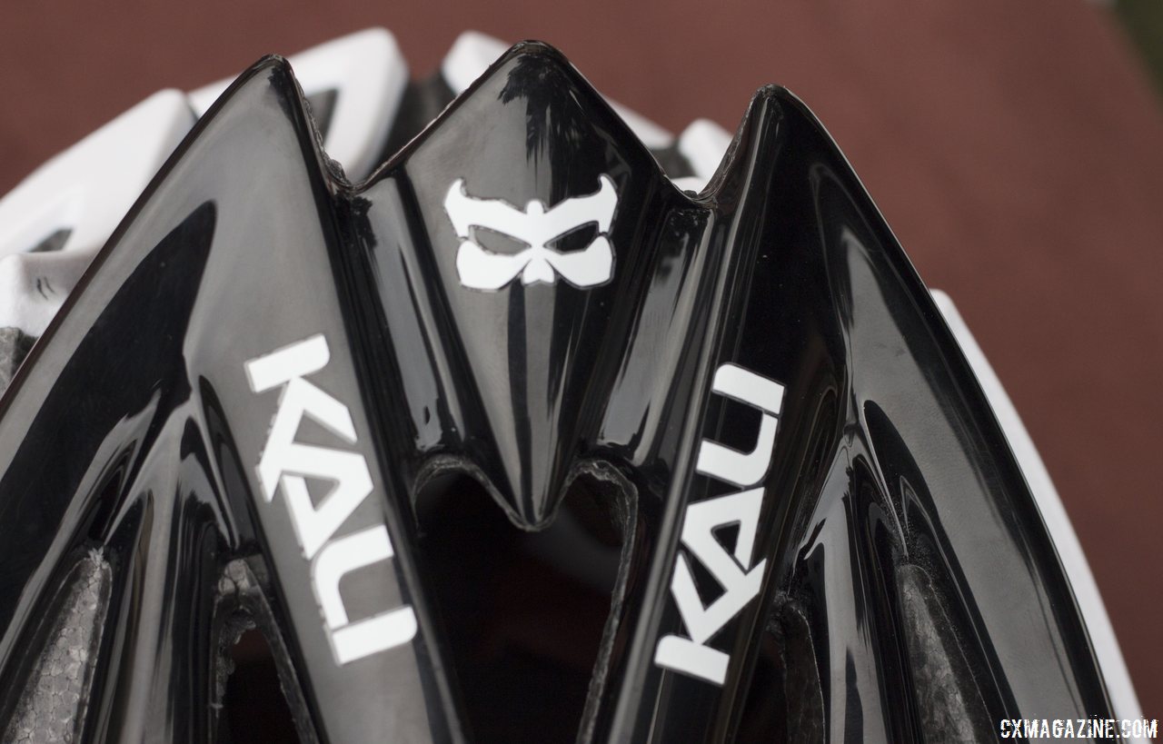 Kali Protectives\'s logo is a mask, based on an aggresive letter K. Winter Press Camp. © Cyclocross Magazine