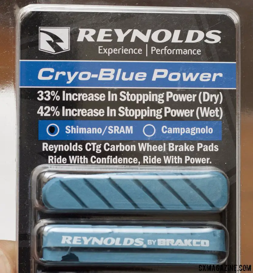 Reynolds new Cryo-Blue pads are said to offer significant improvements in braking power in both wet and dry conditions on Reynolds rims. $70 for two wheels. Winter Press Camp 2014. © Cyclocross Magazine