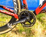 Specialized's carbon crankset on their OSBB bottom bracket, Shimano M970 XTR pedals and a non-Yaw SRAM Force front deraileur badged as Red. © Thomas van Bracht / Cyclocross Magazine