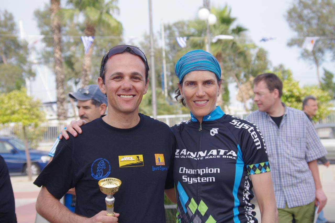 Vardaros with her new friend Ioannou Marios who finished as highest ranked Cyprus rider. ? Jonas Bruffaerts