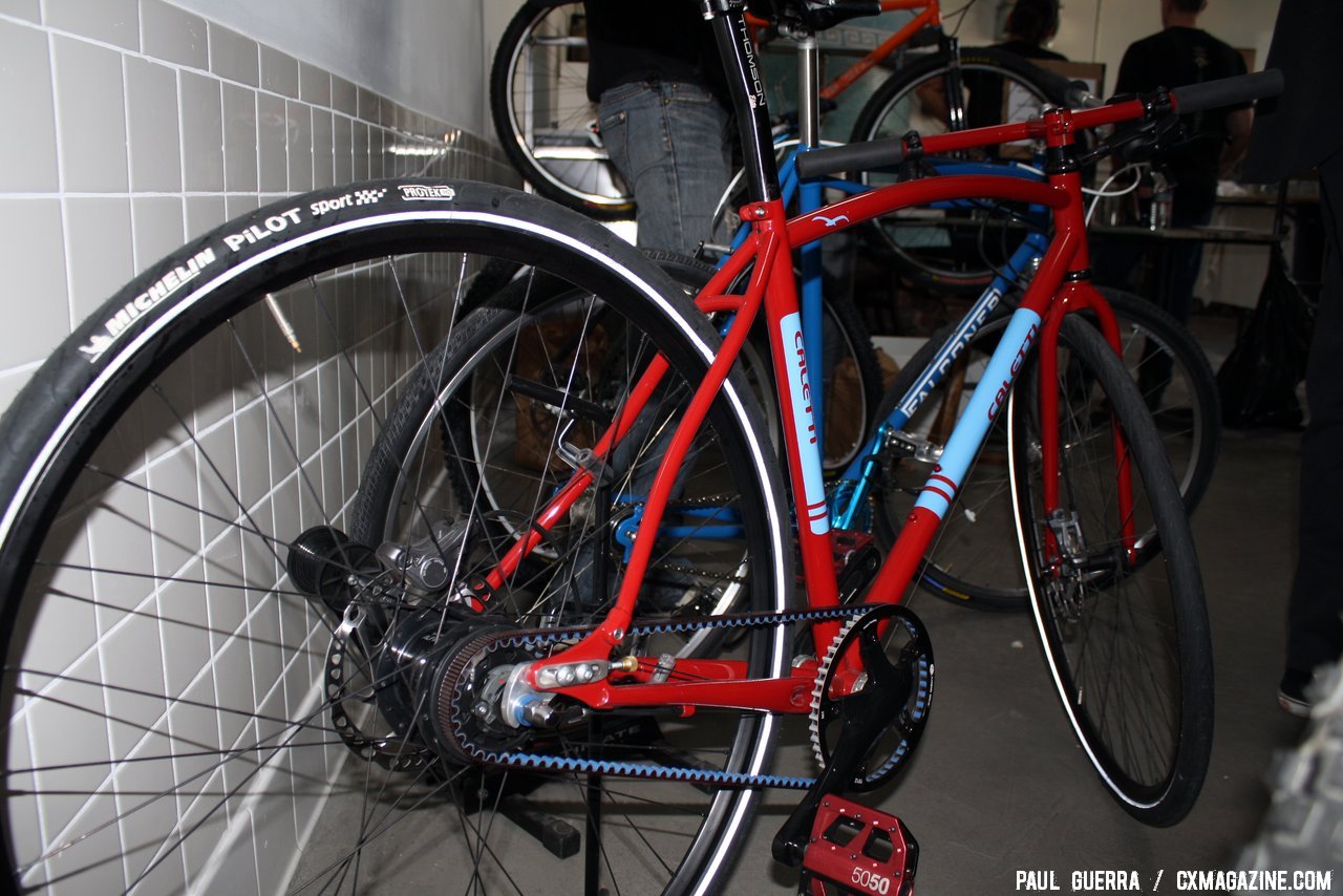 Caletti races and builds cyclocross bikes, and this sleek disc brake-equipped belt drive internally-geared bike could double as cafe bike or commuter. © Paul Guerra