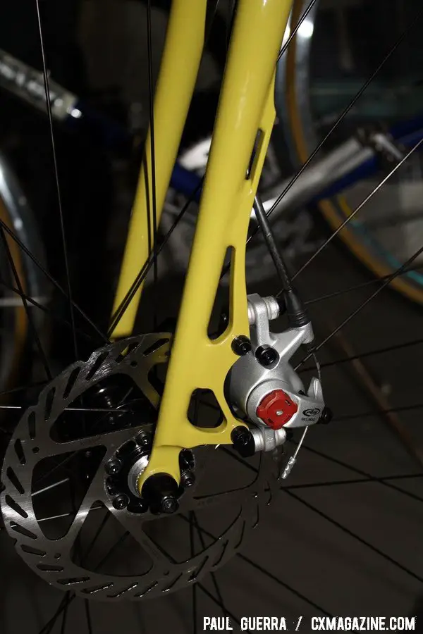 A close-up of the Steve Potts disc brake fork. © Paul Guerra