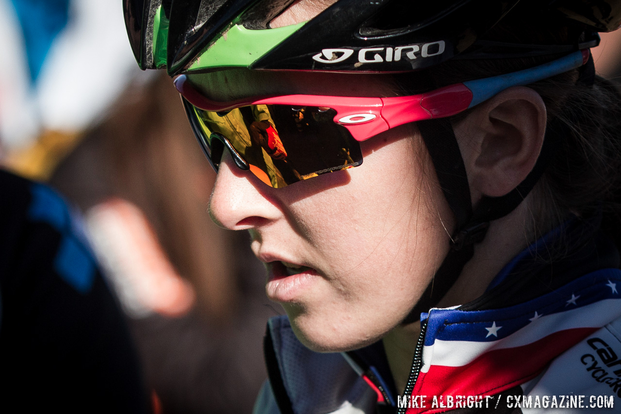 Kaitlin Antonneau prepares for her elite women\'s race at the 2014 USAC Cyclocross National Championships.  Antonneau finished 7th.