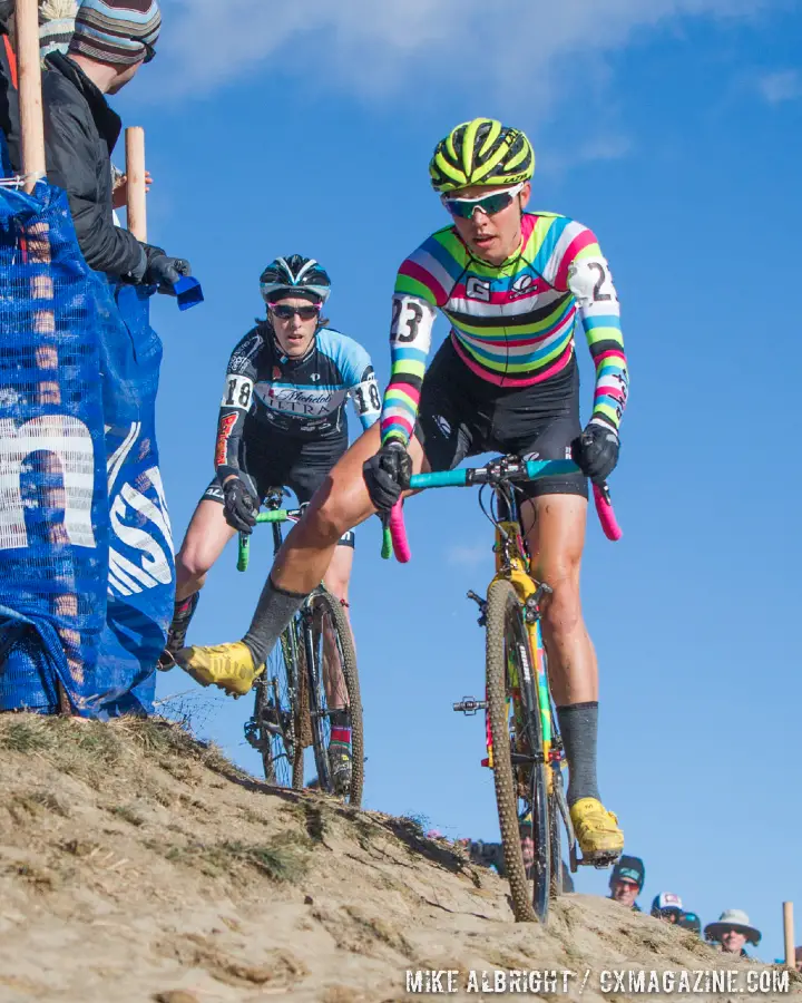 Emily Kachorek rides the off-camber section at the 2014 USAC Cyclocross National Championships. Emily finished 15th.