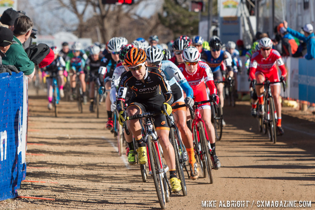 Crystal Anthony (5) leads out the elite women\'s field at the 2014 USAC Cyclocross National Championships.  Crystal finished 4th overall.