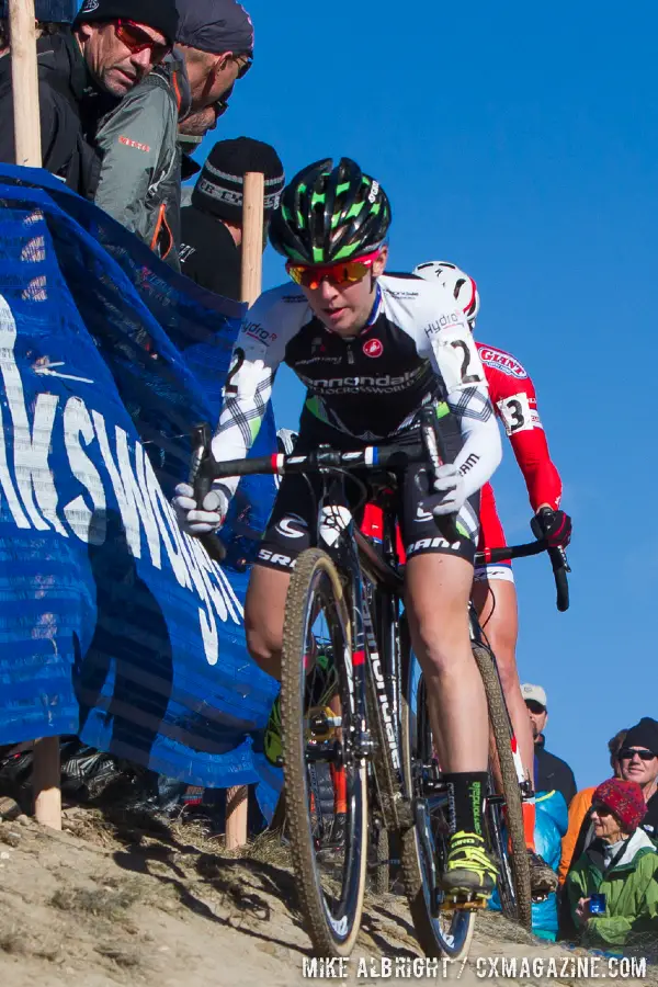 Kaitlin Antonneau rides a nasty off-camber portion of the 2014 USAC Cyclocross National Championships.  Antonneau finished 7th.