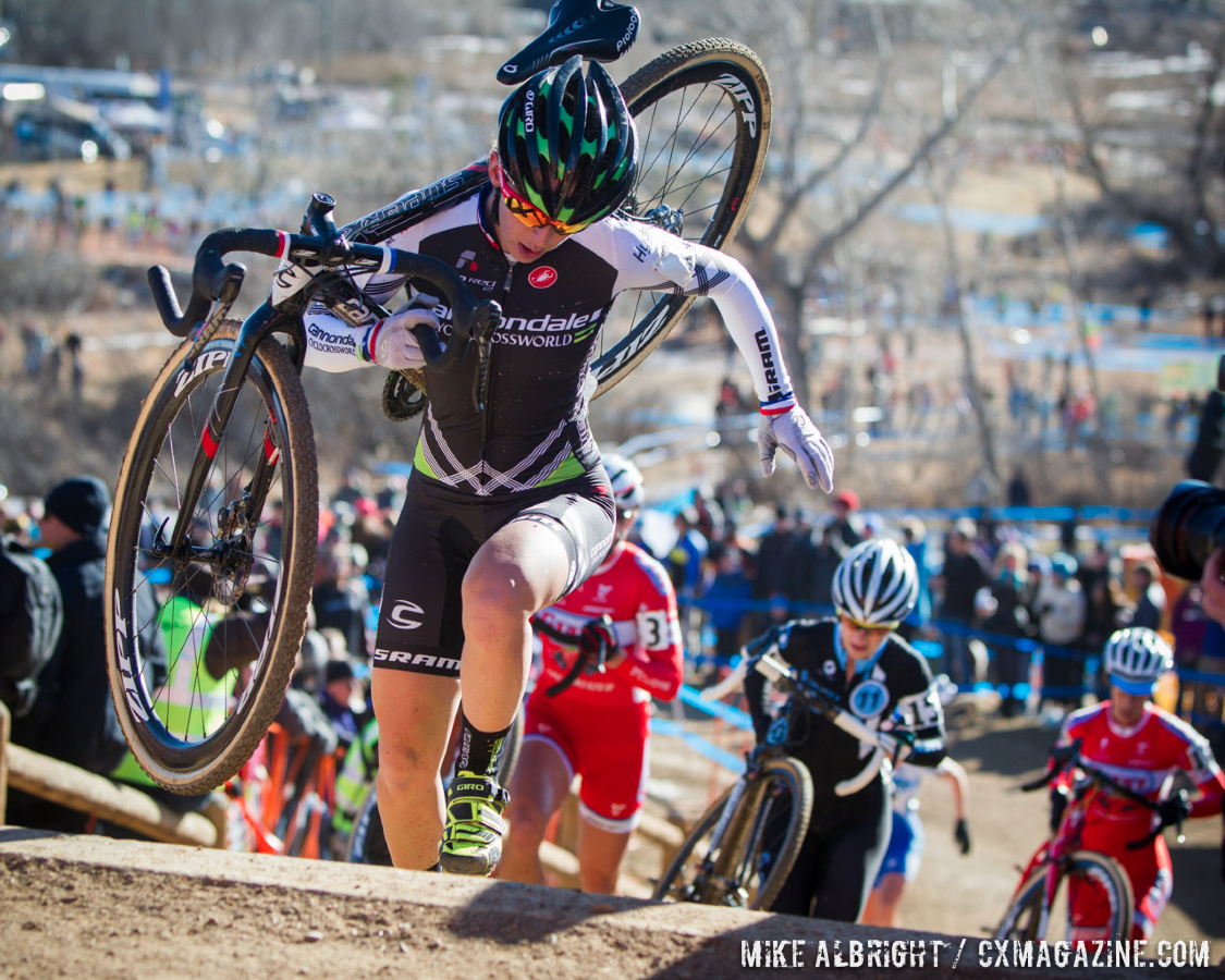 Kaitlin Antonneau rides a nasty off-camber portion of the 2014 USAC Cyclocross National Championships.  Antonneau finished 7th.
