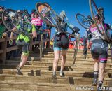 Elite women run the stairs at the 2014 USAC Cyclocross National Championships.