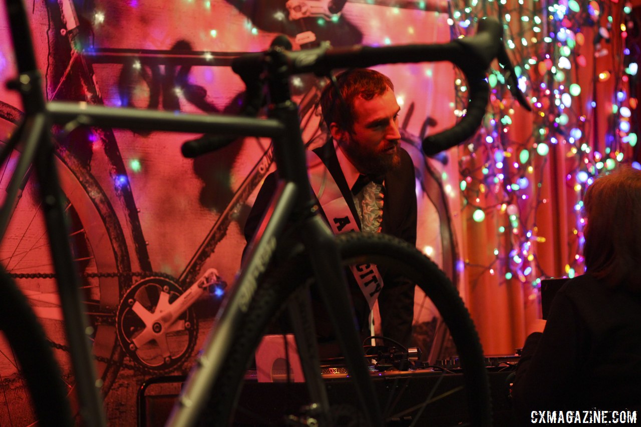 Jeff Frane, the brand manager and mastermind behind All-City Cycles, multi-tasking with DJing and showing off the new cyclocross bikes. © Cyclocross Magazine