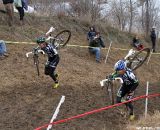 The battle up the hill between Cyclocrossworld.com/Cannondale teammates Jamie and Tim. © Amy Dykema