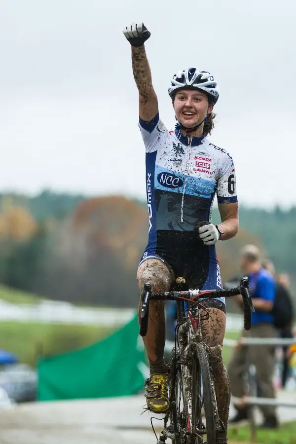 Morrison celebrating her first UCI podium. © Todd Prekaski