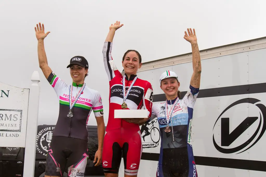 The Elite Women\'s podium on day one of Downeast Cyclocross Weekend: Morrison, Barensfeld, Anthony. © Todd Prekaski