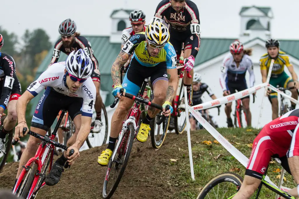 Adam Myerson, center, with Jeremy Durrin, left, at the start of the men\'s race. © Todd Prekaski