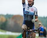 Morrison celebrating her first UCI podium. © Todd Prekaski