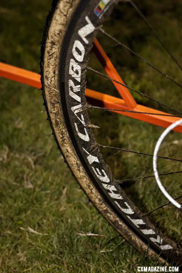 Bart Wellens\' Ridley X-Night cyclocross bike as ridden at CrossVegas featured borrowed, older Ritchey WCS carbon 38mm tubular wheels. © Cyclocross Magazine