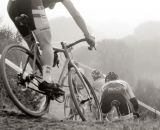 Aaron Bradford (Bicycle Blue Book/HRS/Rock Lobster) stays near the front on his way to a win in the elite men's race at a foggy BASP # 4.Bay Area Cyclocross © Vantage Velo