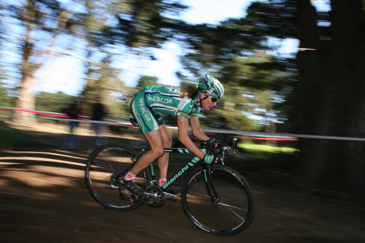 Karen Brems (Webcor) raced to fourth place after winning race #1, and should keep the leader's jersey. (photo from 2008 Golden Gate Park).  ?Cyclocross Magazine