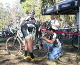 Scott Chapin hit the pits for a wheel change after flatting far away and losing the lead group. ?Cyclocross Magazine